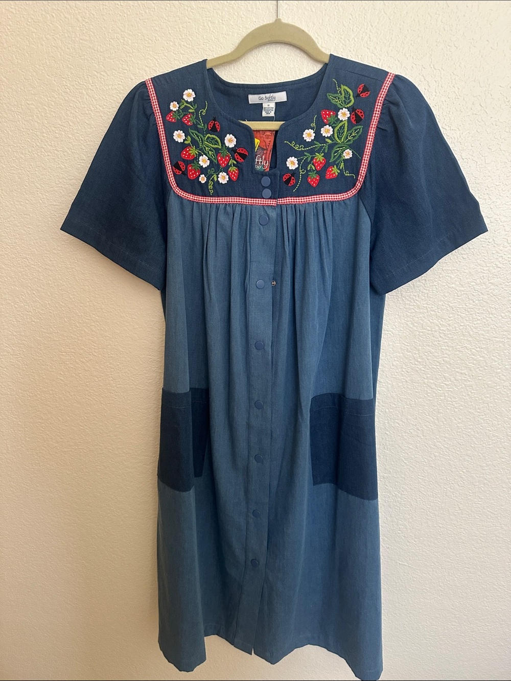 Blue Embroidered Strawberry Button-Front Dress